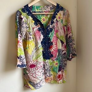 Flowered Embroidered Tunic Size Small. 1060 Sherman. Cotton Beach cover up.
